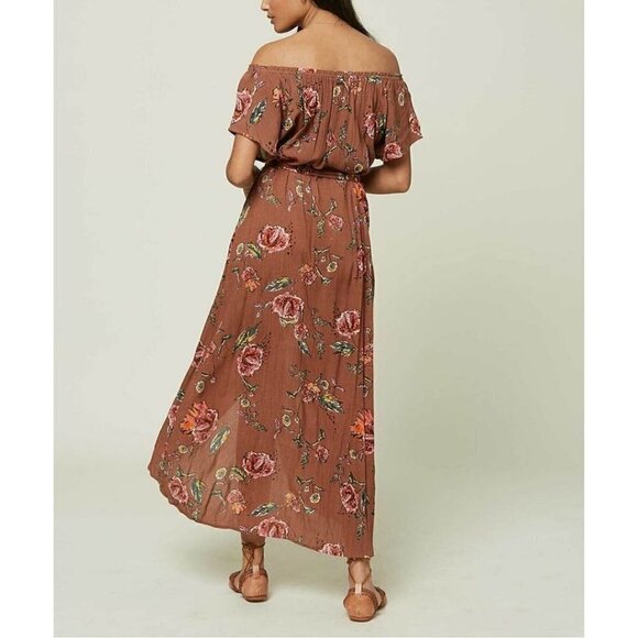 NWT O'Neill Off the Shoulder Tie Waist Dress Cognac Floral Print XS - Picture 2 of 6